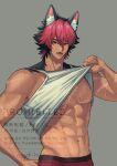  1boy abs animal_ear_fluff animal_ears artist_name black_hair body_fur clothes_lift commentary_request dog_boy dog_ears egokihcomo fangs hair_between_eyes hand_on_own_hip komano_manato lifting_own_clothes looking_at_viewer male_focus multicolored_hair multiple_scars muscular muscular_male navel nipples open_mouth pectorals raised_eyebrow red_eyes red_hair red_shorts scar scar_across_eye scar_on_arm scar_on_chest scar_on_face scar_on_shoulder shirt_lift short_hair shorts solo sweat tank_top upper_body v-shaped_eyebrows veins veiny_arms very_sweaty white_tank_top zenless_zone_zero 