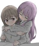  2girls bang_dream! bang_dream!_it&#039;s_mygo!!!!! blush chihaya_anon closed_eyes commentary_request fang grey_hair grey_jacket haneoka_school_uniform holding holding_pen hug hug_from_behind jacket multiple_girls parted_lips pen pink_eyes pink_hair school_uniform short_hair simple_background skin_fang takamatsu_tomori tazaki_masanobu white_background yuri 
