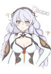  1girl bodysuit braid breasts character_name cleavage cleavage_cutout closed_mouth clothing_cutout gb_nenige highres honkai_(series) honkai_impact_3rd kiana_kaslana kiana_kaslana_(white_comet) long_hair looking_at_viewer medium_breasts simple_background smile solo tareme twin_braids upper_body very_long_hair white_background white_bodysuit white_hair 