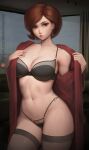  1girl black_panties black_thighhighs breasts brown_hair cleavage earrings helen_parr indoors jewelry lips looking_at_viewer meekohopanes navel panties red_eyes red_lips short_hair solo the_incredibles thick_thighs thighhighs thighs thong underwear undressing 