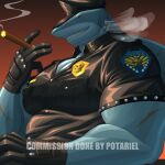anthro badge cigar clothing fish gloves grin handwear hat headgear headwear hi_res leather leather_clothing leather_daddy leather_gloves leather_handwear leather_hat leather_headgear leather_headwear male marine muscular muscular_male police police_uniform red_eyes shark smile smoking solo uniform
