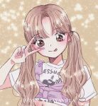  1girl :p aespa blonde_hair brown_eyes commentary crop_top eyelashes fake_nails hashtag-only_commentary k-pop makeup mascara parted_bangs real_life short_sleeves smile solo sparkle symbol-only_commentary tongue tongue_out twintails twitter_username upper_body v winter_(aespa) yes_kuravanilla 
