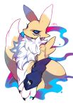  1girl animal_ears black_sclera blue_eyes body_fur colored_sclera detached_sleeves digimon digimon_(creature) fox_ears fox_girl fox_tail furry furry_female highres kokodari looking_at_viewer purple_sleeves renamon simple_background solo tail two-tone_fur white_background white_fur yellow_fur yin_yang 