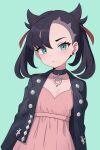  1girl asymmetrical_bangs asymmetrical_hair black_choker black_hair black_jacket blue_background blush breasts choker dress earrings green_eyes hair_ribbon highres jacket jewelry looking_at_viewer marnie_(pokemon) open_clothes parted_lips pink_dress pokemon pokemon_swsh red_ribbon ribbon simple_background small_breasts solo twintails upper_body zhanderlul 