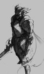  1other absurdres armor backlighting cape from_above full_body greatsword greyscale helmet highres holding holding_sword holding_weapon horns knight logicsterrr monochrome shadow_slave shoulder_armor solo standing sword torn_cape torn_clothes weapon 