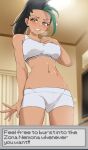  1girl absurdres ass_visible_through_thighs assertive_female black_hair blush boxer_briefs breasts commission commissioner_upload covered_nipples cowlick dialogue_box eiko_(ecchihunter) english_text green_hair grey_sports_bra heavy_breathing highres hip_bones indoors looking_at_viewer male_underwear midriff multicolored_hair naughty_face navel nemona_(pokemon) pokemon pokemon_sv ponytail pussy seductive_smile shorts smile solo sports_bra sportswear standing sweat two-tone_hair underwear underwear_only 