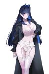  1girl absurdres black_coat black_hair blue_eyes blue_hair blunt_bangs bobsta01 bra breasts closed_mouth coat colored_inner_hair garter_belt garter_straps highres hololive hololive_english large_breasts long_hair multicolored_hair navel ouro_kronii panties simple_background solo thighhighs trench_coat underwear virtual_youtuber white_background white_bra white_panties white_thighhighs 