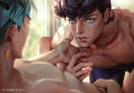  2boys birthmark black_hair blue_eyes commentary_request diamond_wa_kudakenai earrings higashikata_josuke indoors jewelry joestar_birthmark jojo_no_kimyou_na_bouken kdash kishibe_rohan light_particles looking_at_another male_focus multiple_boys pants parted_lips pectorals pompadour realistic short_hair sideburns topless_male window yaoi 