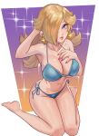  1girl absurdres bare_shoulders bikini blonde_hair blue_bikini blue_eyes breasts cleavage collarbone earrings eyelashes full_body hair_over_one_eye highres jewelry kneeling large_breasts lewdybug long_hair mario_(series) rosalina side-tie_bikini_bottom simple_background solo sparkle super_mario_galaxy swimsuit 