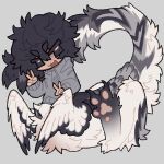  1boy black_eyes black_hair cropped_hoodie dark-skinned_male dark_skin deformed double_v english_commentary feathered_wings full_body grey_background grey_hoodie hood hood_down hoodie looking_at_viewer male_focus minhotheminho monster_boy original raptor short_hair simple_background sitting solo taur v white_wings wings 