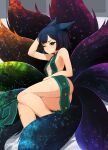  1girl animal_ear_fluff animal_ears arm_behind_head bare_arms bare_legs bare_shoulders black_eyes black_hair breasts closed_mouth commentary dress english_commentary fox_ears fox_tail frown green_dress green_pupils highres kitsune kyuubi looking_at_viewer lying multiple_tails no_panties on_side one_eye_closed original revealing_clothes short_hair sideboob small_breasts solo starry_sky_print suweeka tail thighs 