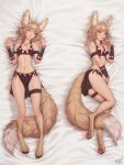  1girl animal_ear_fluff animal_ears arm_strap ass ass_visible_through_thighs blush braid brown_eyes brown_hair dakimakura_(medium) digitigrade earrings flat_chest fox_ears fox_girl fox_tail highres jewelry khiara_(personal_ami) long_tail looking_at_viewer lying multiple_views necklace nude on_back on_side original pelvic_curtain personal_ami pussy side_braids smile tail thigh_strap uncensored vambraces 