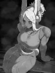  1girl absurdres animal_ears boku_no_hero_academia bra brand_name_imitation breasts calvin_klein clothes_writing dark-skinned_female dark_skin grey_bra grey_panties grey_sports_bra gy_beth highres long_hair mirko monochrome panties rabbit_ears rabbit_girl red_eyes sports_bra sports_panties underwear underwear_writing white_hair 