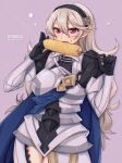  1girl armor armored_leotard black_gloves black_hairband blue_cape blush breasts cape corn corn_cob eating female_corrin_(fire_emblem) fire_emblem fire_emblem_fates food gloves grey_hair hair_between_eyes hairband holding holding_food leotard long_hair looking_at_viewer open_mouth pointy_ears red_eyes simple_background solo symoca thighs 
