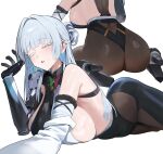  1girl absurdres ass backboob bandaged_arm bandages black_leotard blush breasts brown_pantyhose butterfly_brooch colored_eyelashes from_behind goddess_of_victory:_nikke grey_eyes grey_hair hair_bun hair_intakes half-closed_eye high_heels highres hood_(james_x) large_breasts leotard long_hair looking_at_viewer lying mechanical_arms mole mole_on_breast mole_under_eye multiple_views nayuta_(nikke) on_stomach one_eye_closed pantyhose parted_lips sideboob simple_background single_hair_bun single_mechanical_arm sitting split-color_clothes sweatdrop thick_eyelashes wariza white_background white_eyelashes 