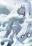  1girl absurdres cloud colored_skin crying fetal_position grey_skin hair_censor highres hugging_own_legs knees_up nude original outdoors ryokucha_coffee water_drop wet white_hair 
