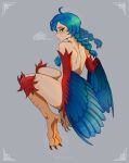  1girl absurdres ahoge back bird_legs blue_feathers blue_hair blue_wings blush braid breasts commentary covered_nipples feathered_wings feathers green_eyes grey_background harpy harpy_(terraria) highres long_hair looking_at_viewer monster_girl nipples nude pursed_lips red_feathers simple_background solo talons terraria twin_braids twitter_username two-tone_wings unreal_fish winged_arms wings 