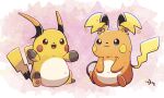  :3 aquabluu blue_eyes brown_eyes closed_mouth fang full_body highres mega_pokemon mega_raichu_x mega_raichu_y multiple_tails no_humans open_mouth orange_fur pokemon pokemon_(creature) pokemon_focus raichu sitting smile tail very_long_ears very_long_tail yellow_fur 