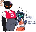  2boys antennae basketball_jersey blue_eyes blush bomb explosive friday_night_funkin&#039; fuse hex_(friday_night_funkin&#039;) joints mechanical_arms midriff_peek multiple_boys muscular muscular_male non-web_source orange_eyes orange_shorts pants red_shirt robot robot_joints shirt shorts sweatdrop television white_shirt whitty_(sock.clip) 