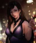  1girl absurdres aomamm asymmetrical_bangs bangs bare_arms blurry blurry_background blurry_foreground breasts brown_eyes brown_hair choker cleavage cup dress drinking_glass earrings final_fantasy final_fantasy_vii final_fantasy_vii_remake highres holding holding_cup jewelry large_breasts lingerie long_hair looking_at_viewer negligee official_alternate_costume purple_dress red_wings ribbon_choker smile solo tifa_lockhart underwear upper_body wine_glass wings 