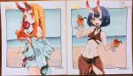 2girls asagirimao beach bikini blonde_hair breasts candy_apple choker comiket_106 drink eyeliner fate/grand_order fate_(series) food highres horizon horns ibaraki_douji_(fate) long_hair makeup marker_(medium) multiple_girls navel ocean oni orange_eyes orange_hair purple_eyes purple_hair shikishi short_hair shuten_douji_(fate) skin-covered_horns small_breasts swimsuit traditional_media 