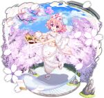  1girl aged_down alternate_costume animal_print apron back_bow blue_sky bow bowl bun_cover butterfly_print cherry_blossoms child chopsticks cloud cup day double_bun food food_request frilled_apron frills game_cg hair_bun highres hitodama hitodama_print holding holding_tray japanese_clothes kimono leg_up looking_at_viewer obi obijime official_art open_mouth outdoors pink_eyes pink_hair pink_petals print_apron print_kimono rotte_(1109) saigyouji_yuyuko saigyouji_yuyuko_(tiny_ghost_mistress) sandals sash shrimp shrimp_tempura sky socks solo soy_sauce standing standing_on_one_leg tabi teapot tempura third-party_source tokkuri touhou touhou_lostword transparent_background tray triangular_headpiece waist_apron white_apron white_bow white_kimono white_sandals white_socks 