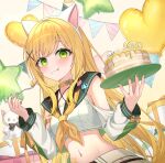  1girl :q absurdres animal_ears balloon blonde_hair cake cat_ears crop_top fake_animal_ears food fork fruit green_eyes hair_ornament heart_balloon highres holding holding_fork lemon long_hair long_sleeves midriff nail_polish navel neckerchief original sarin_(seoling) shirt skirt solo star-shaped_pupils star_(symbol) star_balloon stomach stomach_tattoo stuffed_animal stuffed_cat stuffed_toy symbol-shaped_pupils tattoo tongue tongue_out white_shirt white_skirt x_hair_ornament yellow_neckerchief 