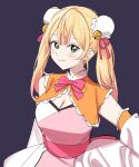  1girl bell black_background blonde_hair blush bow bowtie breasts bun_cover cleavage cleavage_cutout clothing_cutout double_bun dress frilled_dress frills gradient_hair green_eyes hair_bell hair_bow hair_bun hair_ornament hololive looking_at_viewer momosuzu_nene momosuzu_nene_(jiangshi) multicolored_dress multicolored_hair official_alternate_costume official_alternate_hairstyle orange_dress pink_bow pink_dress pink_hair uuoftn virtual_youtuber white_dress 