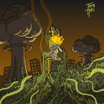 apocalypse chair detailed_background elemental_creature fire furniture glowing glowing_eyes green_eyes grey_body humanoid nuclear_bomb on_chair radiation radioactive shaded simple_coloring simple_shading sitting sitting_on_chair slime yellow_outfit