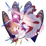  1girl absurdres blonde_hair commentary_request crystal_wings danmaku fangs flandre_scarlet frills full_body hat highres legs medium_hair mob_cap open_mouth red_eyes red_nails red_shoes red_skirt red_vest sabapi_oo shirt shoe_dangle shoes short_sleeves single_shoe skirt smile socks solo teeth touhou vampire vest white_background white_shirt white_socks wings 