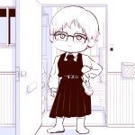  1girl chainsaw_man chibi chibi_only deer60868637 door dress glasses holding holding_shoes holding_unworn_clothes looking_at_viewer monochrome open_door pinafore_dress shoes short_hair sleeveless sleeveless_dress socks solo standing unworn_shoes yuko_(chainsaw_man) 
