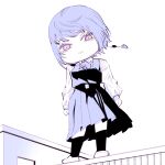  1girl blue_dress blue_hair blue_ribbon chainsaw_man chibi chibi_only collared_shirt deer60868637 dress earrings fami_(chainsaw_man) jewelry limited_palette long_sleeves medium_hair outdoors ribbon ringed_eyes shirt socks solo standing 