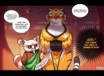 anthro biped blue_eyes breasts clothed clothing dialogue dreamworks duo felid female front_view genitals green_clothing hi_res kung_fu_panda larger_female lollipopcon male male/female mammal master_tigress multicolored_body orange_body pantherine penis pupils size_difference smaller_male smile speech_bubble tail text thick_thighs tiger vein veiny_penis white_body
