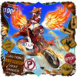  1girl alternate_costume black_boots black_gloves boots clothes_around_waist crop_top elbow_gloves fiery_wings fire flame_tattoo fujiwara_no_mokou game_cg gloves helmet highres jacket jacket_around_waist knee_pads midriff midriff_tattoo motor_vehicle motorcycle motorcycle_helmet navel no_parking_sign official_art on_motorcycle pants pyrokinesis red_gloves red_pants road_sign rotte_(1109) shirt sign sleeveless sleeveless_shirt solo stop_sign tattoo third-party_source touhou touhou_lostword transparent_background two-tone_gloves white_shirt wings 
