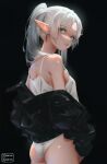  1girl absurdres aqua_eyes ass black_background black_jacket breasts camisole commentary earrings elf english_commentary frieren from_behind highres izei1337 jacket jewelry long_hair long_pointy_ears looking_at_viewer looking_back no_pants off_shoulder panties parted_bangs parted_lips pointy_ears simple_background small_breasts solo sousou_no_frieren teardrop_earrings twintails underwear white_camisole white_hair white_panties 