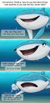 absurd_res annoyed bailey_(finding_dory) beluga blue_body blue_eyes carpet_shark cetacean comic countershading destiny_(finding_dory) disney duo english_text female feral fin finding_dory finding_nemo fish hi_res imitating interview male mammal marine markings monodontid open_mouth open_smile pixar question shark smile spots spotted_body text toothed_whale underwater unstatusquo water whale_shark white_body