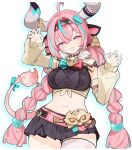  1girl absurdres ahoge animal_ears aqua_bow aqua_bowtie aqua_hair aqua_hairband aqua_ribbon arm_garter bandaid bandaid_on_cheek bandaid_on_face bell bell_earrings belt black_hairband black_skirt black_tube_top blush bow bowtie braid breasts claw_pose commentary cow_ears cow_girl cow_horns cow_tail cowbell detached_sleeves earrings error1980 genshin_impact hair_between_eyes hairband happy highres horns jewelry long_hair long_sleeves looking_at_viewer multicolored_hair multicolored_hairband navel open_mouth pink_belt pink_bow pink_bowtie pink_eyes pink_hair pink_hairband pink_tail pleated_skirt purple_eyes ribbed_sleeves ribbon simple_background single_earring single_thighhigh skirt sleeves_past_wrists smile solo stomach strapless streaked_hair tail tail_ornament tail_ribbon thighhighs thighs tube_top twin_braids twintails two-tone_bow two-tone_bowtie two-tone_hair varesa_(genshin_impact) white_background white_horns white_thighhighs yellow_sleeves 