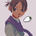  1girl archived_source black_eyes blush brown_hair commentary_request daikon drop_shadow frown grey_ribbon grey_shirt hair_ribbon kim_soo-min_(image_part) korean_commentary looking_to_the_side lowres no_lineart no_pupils oekaki one_side_up original parted_bangs purple_background purple_scarf radish ribbon scarf shirt short_hair simple_background upper_body 