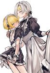  1boy 1girl back back_cutout black_dress blonde_hair clenched_teeth clothes_lift clothing_cutout commentary_request dress frills grey_hair height_difference highres kromer_(project_moon) limbus_company maid maid_headdress migishita multicolored_hair partial_commentary project_moon sinclair_(project_moon) skirt skirt_lift teeth two-tone_hair white_background wrist_cuffs 