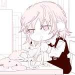  1girl chainsaw_man chair chibi chibi_only deer60868637 dress earrings eating fami_(chainsaw_man) food fourth_east_high_school_uniform jewelry medium_hair on_chair pasta pinafore_dress pink_eyes plate ringed_eyes school_uniform sitting sleeveless sleeveless_dress solo spaghetti spot_color table 