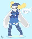 3_fingers 3_toes absurd_res ambiguous_gender anthro artist_logo beanie big_ears black_facial_markings black_nose blue_background blue_beanie blue_clothing blue_hat blue_headwear blush blush_lines bodily_fluids bubblegum_(bubblepuppers) bubblepuppers buckteeth button_(fastener) clothed clothing crossed_arms denim denim_clothing dialogue diaper diaper_under_clothing disembodied_hand duo english_text facial_markings feet fingers floppy_ears fur genital_fluids grey_inner_ear hat head_markings headgear headwear heart_symbol hi_res lagomorph legwear leporid logo mammal markings mistletoe_(dylanamin) overalls pattern_clothing pattern_legwear pattern_shirt pattern_thigh_highs pattern_topwear rabbit scut_tail shirt short_tail simple_background speech_bubble squish squish_(sound_effect) striped_clothing striped_legwear striped_shirt striped_thigh_highs striped_topwear stripes sweat tail teeth text thigh_highs tilde_after_text toes topwear unclean_diaper urine used_diaper wearing_diaper wet_diaper white_body white_ears white_fur white_tail wobbling yellow_body