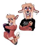 alternative_fashion anthro arm_tattoo black_eyeshadow black_nose blonde_hair bra brown_body brown_fur choker clothing cloven_hooves deer ear_piercing eyeshadow female fluffy fluffy_tail forestbite fur hair hi_res hooved_plantigrade hooved_toes hooves jewelry makeup mammal necklace piercing plantigrade punk simple_background slim_anthro slim_female smile solo tail tattoo underwear undressing white_background