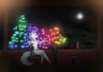 anthro beverage building city city_background darthnear drinking_straw eyes_closed fluffy food forest forest_background fruit fur furniture gunsaw hi_res ice lemon male milky_(gunsaw) moon nature nature_background neon neon_lights paws plant restaurant skyscraper solo table tree white_body white_fur