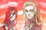  2boys blonde_hair blue_eyes closed_mouth cloud commentary_request facial_tattoo hair_between_eyes long_bangs long_hair looking_at_viewer male_focus minstrel_(ragnarok_online) multiple_boys orange_sky outdoors ragnarok_online red_hair red_scarf scarf sky smile striped_clothes striped_scarf sunset tattoo toriria upper_body 