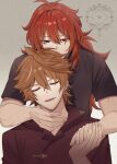  2boys black_shirt closed_eyes diluc_(genshin_impact) earrings genshin_impact hair_between_eyes highres hiki_yuichi jewelry long_hair male_focus multiple_boys open_mouth orange_hair red_eyes red_hair red_shirt shirt short_hair single_earring tartaglia_(genshin_impact) yaoi 