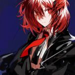  1girl arknights black_jacket blue_background detached_sleeves fiammetta_(arknights) hair_between_eyes highres jacket looking_at_viewer medium_hair necktie open_clothes open_jacket pe902 red_eyes red_hair red_necktie shirt simple_background solo split_mouth upper_body v-shaped_eyebrows white_shirt 
