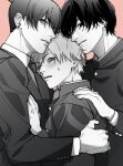  3boys blue_eyes blush boy_sandwich brown_eyes buttons chainsaw_man collared_shirt commentary_request denji_(chainsaw_man) ear_piercing earrings gakuran greyscale greyscale_with_colored_background hand_on_another&#039;s_shoulder hayakawa_aki height_difference jacket jewelry looking_at_viewer male_focus monochrome multiple_boys necktie parted_lips piercing pink_background sandwiched school_uniform sharp_teeth shirt siraco_(sira5_3) spot_color suit suit_jacket teeth upper_body white_shirt yaoi yoshida_hirofumi 