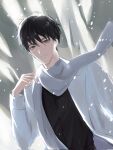  1boy aegyo_sal bare_tree black_eyes black_hair black_shirt coat emosunfish hand_on_own_shoulder hashtag-only_commentary highres kim_dokja male_focus omniscient_reader&#039;s_viewpoint open_clothes open_coat scarf shirt short_hair smile snow solo tree upper_body white_coat white_scarf winter 