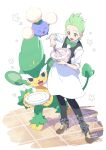  apron black_pants black_vest bow bowl bowtie cilan_(pokemon) closed_eyes collared_shirt green_bow green_bowtie green_eyes green_hair highres holding holding_bowl holding_plate holding_whisk jumpluff long_sleeves mixing monkey open_mouth pants plate pokemon pokemon_(creature) pokemon_bw serizawa_serizane shirt shoes short_hair simisage smile traditional_bowtie vest waist_apron waiter whisk white_apron white_shirt 