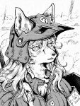  1girl body_fur furry furry_female greyscale helmet highres jacket kyarumin long_hair looking_at_viewer monochrome original outdoors solo upper_body wolf_girl 